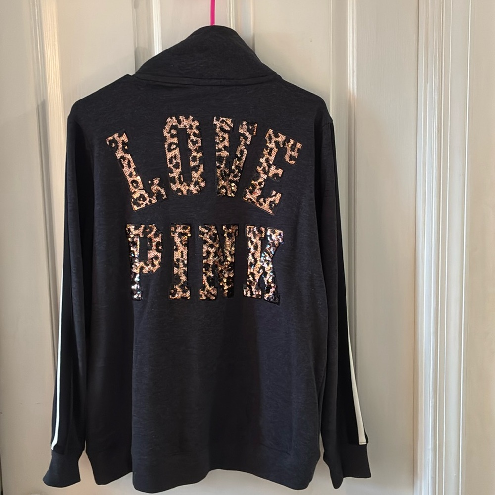 Victoria's Secret PINK Black Quarter-Zip Super Cheetah Bling Pullover RARE - Picture 4 of 5